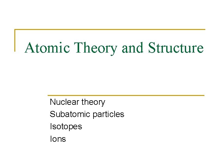 Atomic Theory and Structure Nuclear theory Subatomic particles Isotopes Ions 