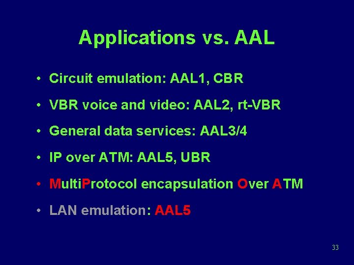 Applications vs. AAL • Circuit emulation: AAL 1, CBR • VBR voice and video: