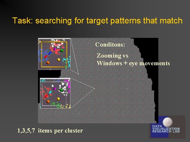 Task: searching for target patterns that match Conditons: Zooming vs Windows + eye movements