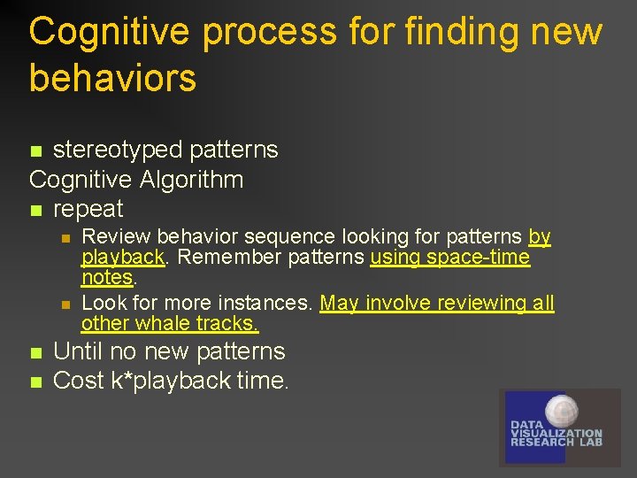 Cognitive process for finding new behaviors stereotyped patterns Cognitive Algorithm n repeat n n