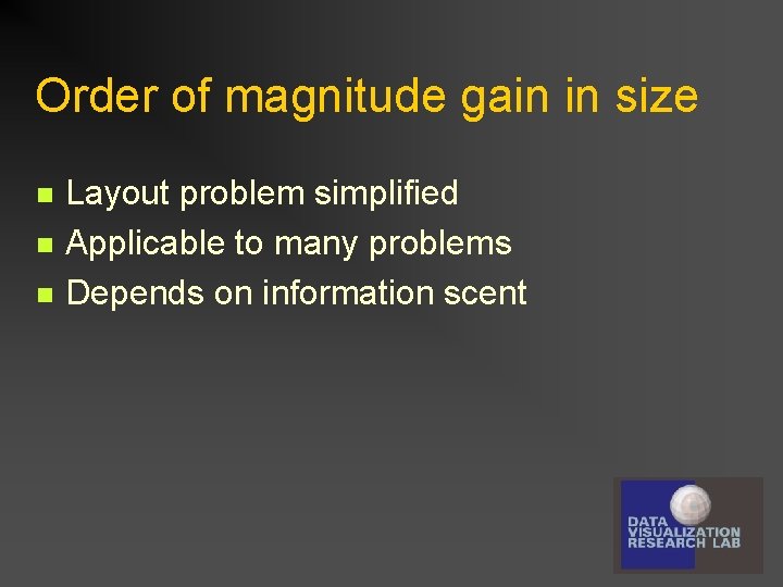 Order of magnitude gain in size n n n Layout problem simplified Applicable to