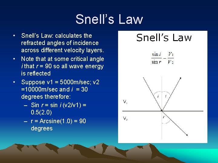 Snell’s Law • Snell’s Law: calculates the refracted angles of incidence across different velocity
