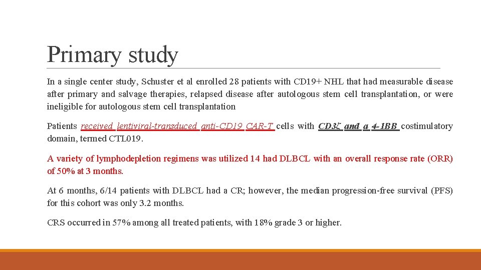 Primary study In a single center study, Schuster et al enrolled 28 patients with