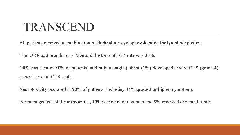 TRANSCEND All patients received a combination of fludarabine/cyclophosphamide for lymphodepletion The ORR at 3
