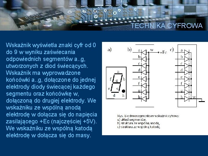 TECHNIKA CYFROWA Wskaźnik wyświetla znaki cyfr od 0 do 9 w wyniku zaświecania odpowiednich