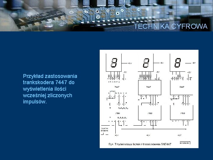 TECHNIKA CYFROWA Przykład zastosowania trankskodera 7447 do wyświetlenia ilości wcześniej zliczonych impulsów. 