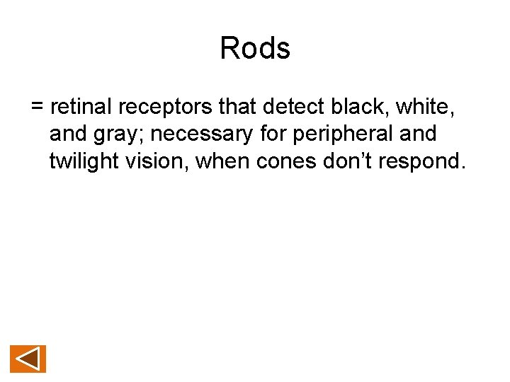 Rods = retinal receptors that detect black, white, and gray; necessary for peripheral and