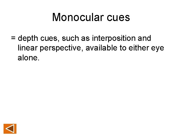 Monocular cues = depth cues, such as interposition and linear perspective, available to either