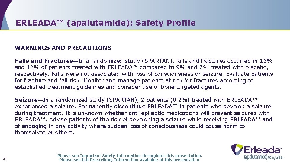 ERLEADA™ (apalutamide): Safety Profile WARNINGS AND PRECAUTIONS Falls and Fractures—In a randomized study (SPARTAN),