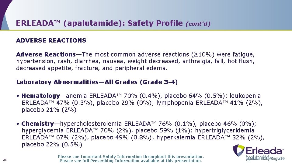 ERLEADA™ (apalutamide): Safety Profile (cont'd) ADVERSE REACTIONS Adverse Reactions—The most common adverse reactions (≥