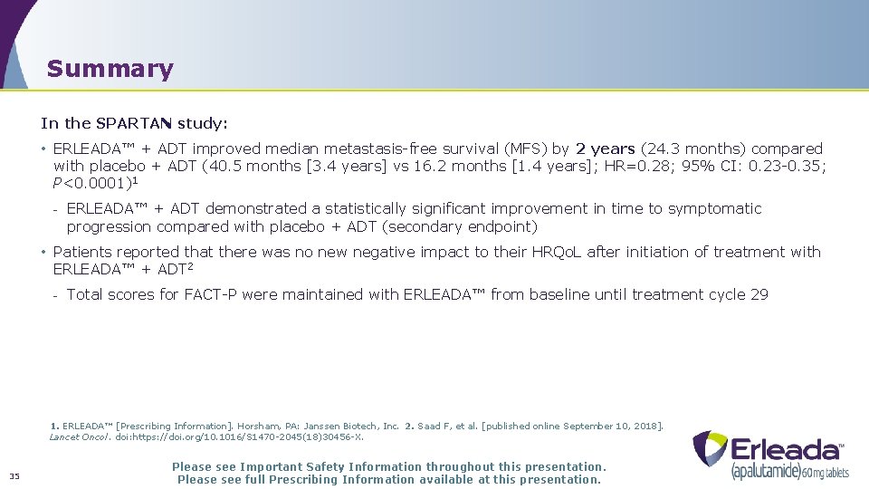 Summary In the SPARTAN study: • ERLEADA™ + ADT improved median metastasis-free survival (MFS)