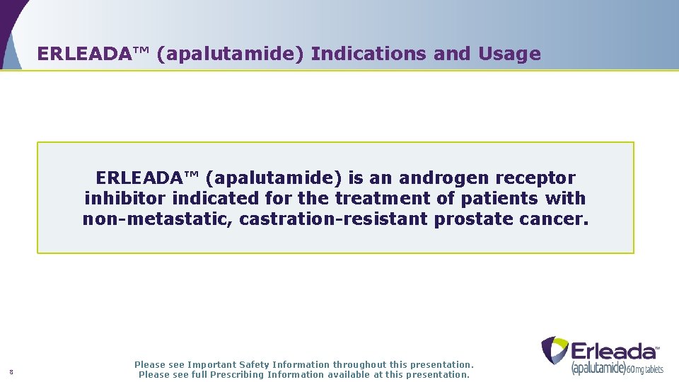 ERLEADA™ (apalutamide) Indications and Usage ERLEADA™ (apalutamide) is an androgen receptor inhibitor indicated for