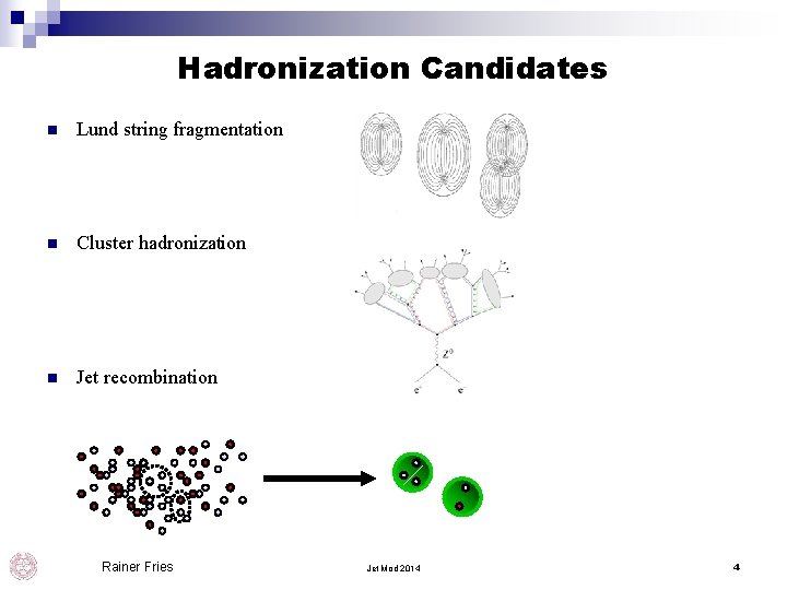 Hadronization Candidates n Lund string fragmentation n Cluster hadronization n Jet recombination Rainer Fries