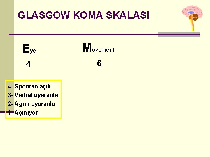 GLASGOW KOMA SKALASI Eye Movement 4 6 4 - Spontan açık 3 - Verbal