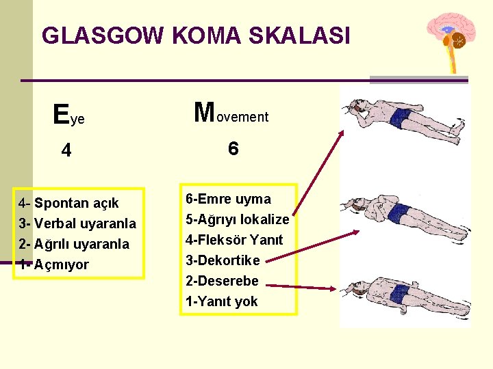 GLASGOW KOMA SKALASI Eye Movement 4 6 4 - Spontan açık 3 - Verbal GLASGOW KOMA SKALASI Eye Movement 4 6 4 - Spontan açık 3 - Verbal