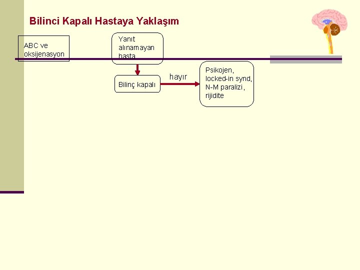 Bilinci Kapalı Hastaya Yaklaşım ABC ve oksijenasyon Yanıt alınamayan hasta Bilinç kapalı hayır Psikojen,