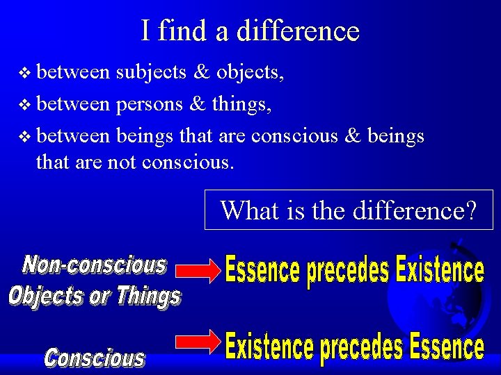 I find a difference v between subjects & objects, v between persons & things,
