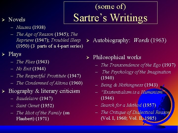 (some of) Ø Novels Sartre’s Writings – Nausea (1938) – The Age of Reason