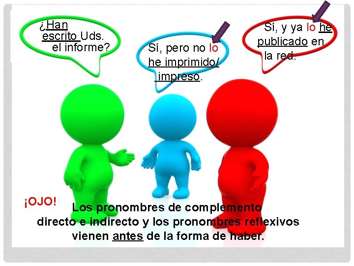 ¿Han escrito Uds. el informe? ¡OJO! Sí, pero no lo he imprimido/ impreso. Sí,