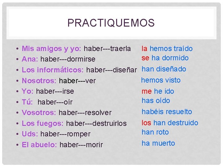 PRACTIQUEMOS • • • Mis amigos y yo: haber---traerla la hemos traído se ha