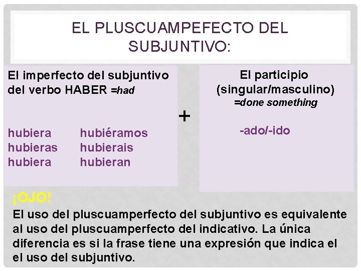 EL PLUSCUAMPEFECTO DEL SUBJUNTIVO: El participio (singular/masculino) El imperfecto del subjuntivo del verbo HABER