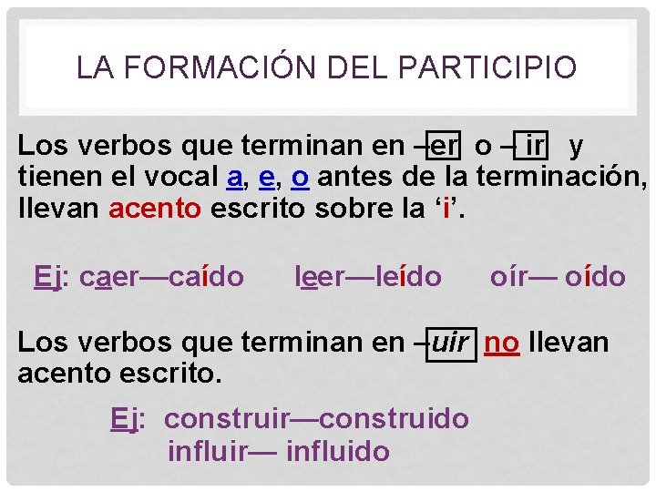 LA FORMACIÓN DEL PARTICIPIO Los verbos que terminan en –er o – ir y