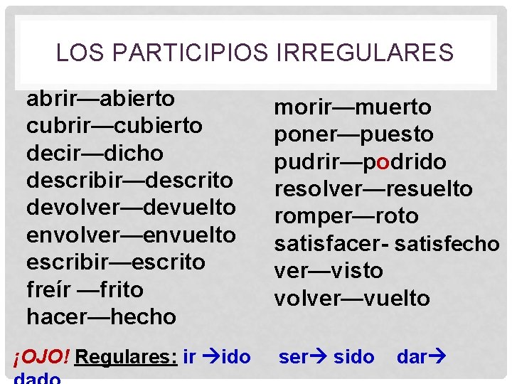 LOS PARTICIPIOS IRREGULARES abrir—abierto cubrir—cubierto decir—dicho describir—descrito devolver—devuelto envolver—envuelto escribir—escrito freír —frito hacer—hecho ¡OJO!