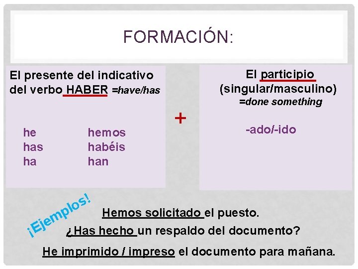 FORMACIÓN: El participio (singular/masculino) El presente del indicativo del verbo HABER =have/has he has