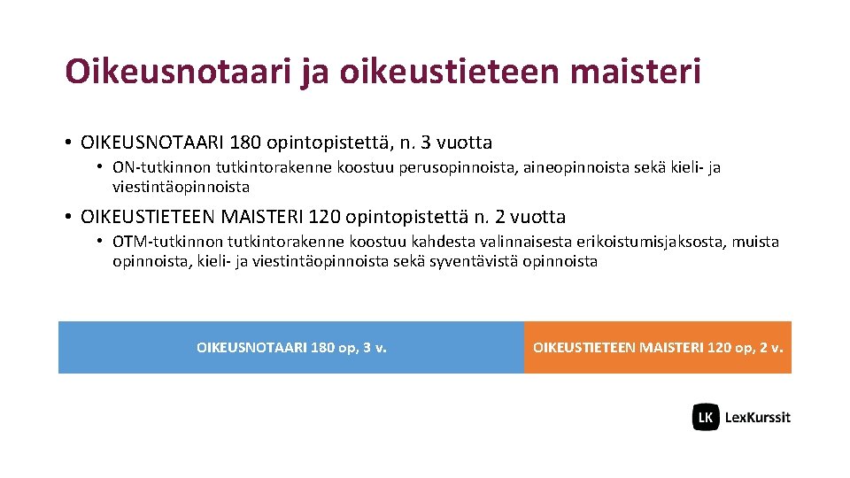 Oikeusnotaari ja oikeustieteen maisteri • OIKEUSNOTAARI 180 opintopistettä, n. 3 vuotta • ON-tutkinnon tutkintorakenne