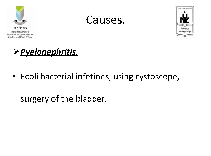 Causes. Ø Pyelonephritis. • Ecoli bacterial infetions, using cystoscope, surgery of the bladder. Causes. Ø Pyelonephritis. • Ecoli bacterial infetions, using cystoscope, surgery of the bladder.