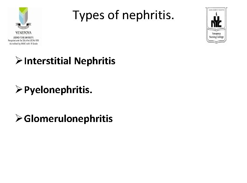 Types of nephritis. Ø Interstitial Nephritis Ø Pyelonephritis. Ø Glomerulonephritis Types of nephritis. Ø Interstitial Nephritis Ø Pyelonephritis. Ø Glomerulonephritis