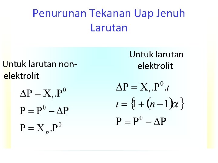 Penurunan Tekanan Uap Jenuh Larutan Untuk larutan nonelektrolit Untuk larutan elektrolit 