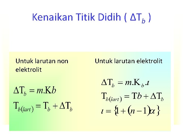 Kenaikan Titik Didih ( ∆Tb ) Untuk larutan non elektrolit Untuk larutan elektrolit 