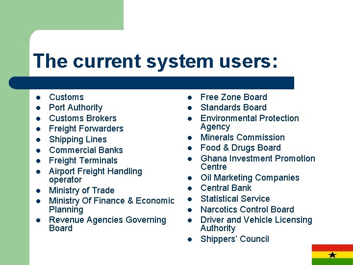 The current system users: l l l Customs Port Authority Customs Brokers Freight Forwarders