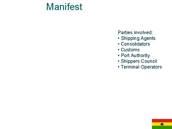 Manifest Parties involved: • Shipping Agents • Consolidators • Customs • Port Authority •