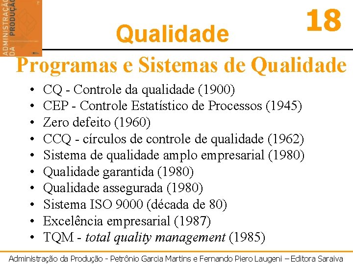 Qualidade 18 Programas e Sistemas de Qualidade • • • CQ - Controle da