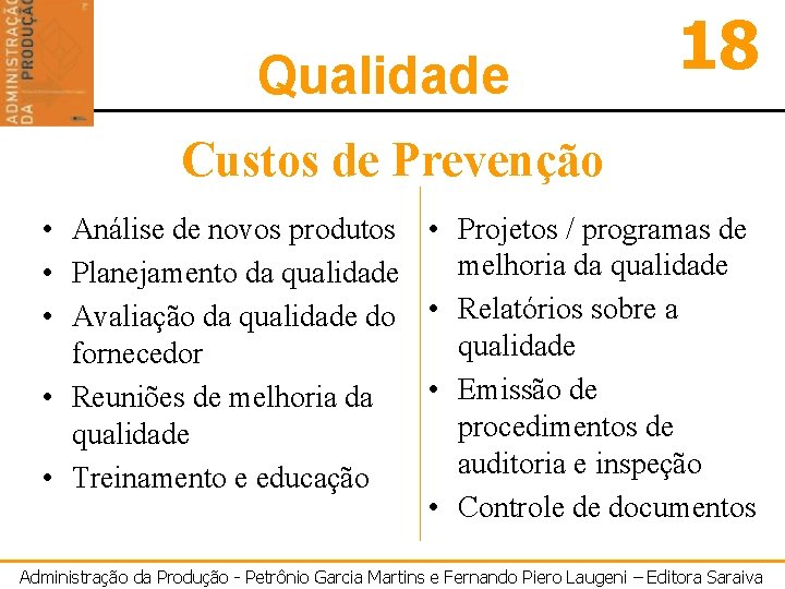 Qualidade 18 Custos de Prevenção • Análise de novos produtos • Projetos / programas