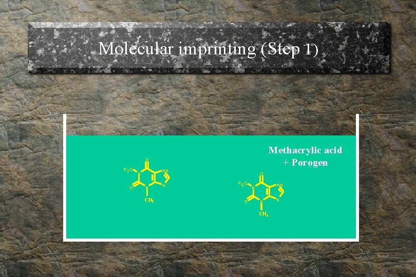 Molecular imprinting (Step 1) Methacrylic acid + Porogen O H 3 C O NH