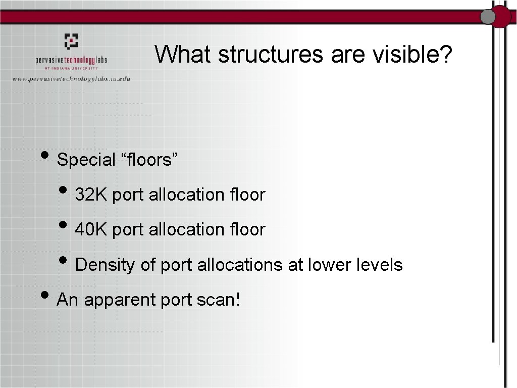 What structures are visible? • Special “floors” • 32 K port allocation floor •