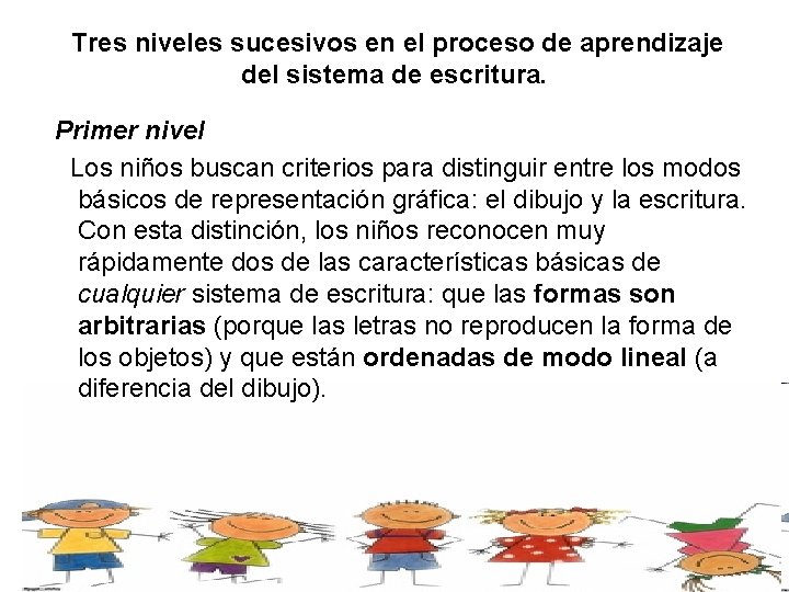 Tres niveles sucesivos en el proceso de aprendizaje del sistema de escritura. Primer nivel