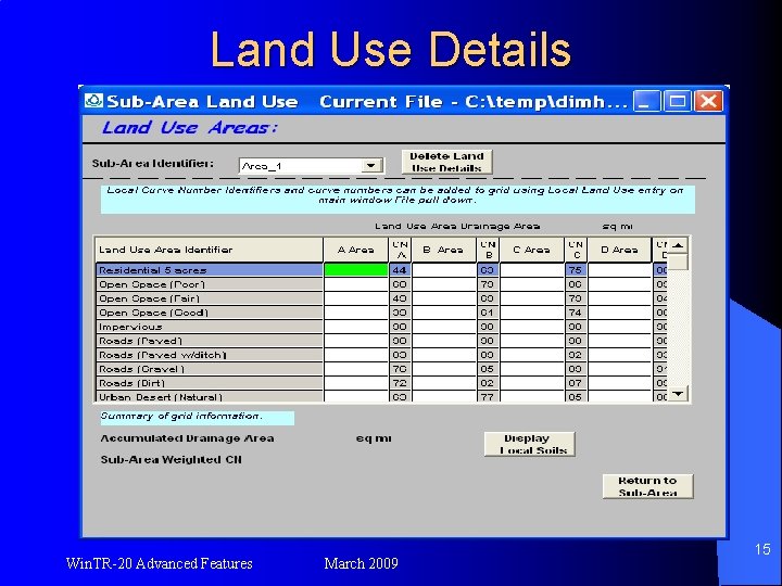 Land Use Details Win. TR-20 Advanced Features March 2009 15 