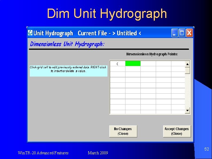 Dim Unit Hydrograph Win. TR-20 Advanced Features March 2009 52 