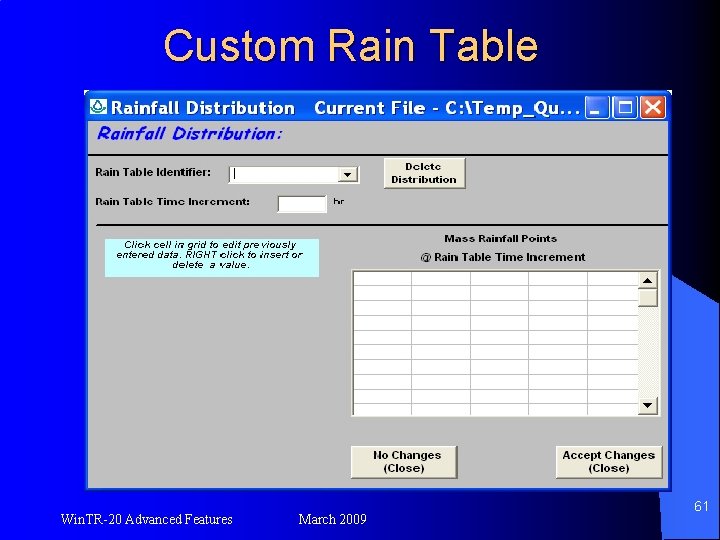 Custom Rain Table Win. TR-20 Advanced Features March 2009 61 