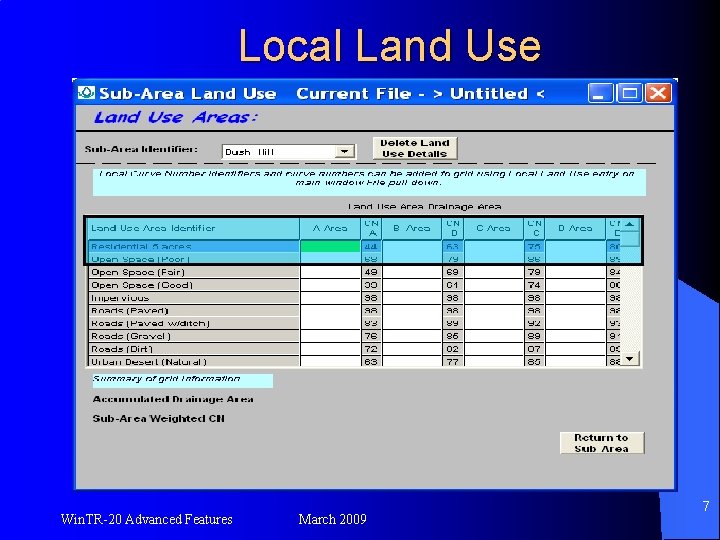 Local Land Use Win. TR-20 Advanced Features March 2009 7 