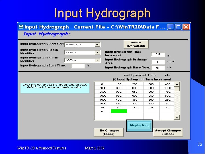 Input Hydrograph Win. TR-20 Advanced Features March 2009 72 