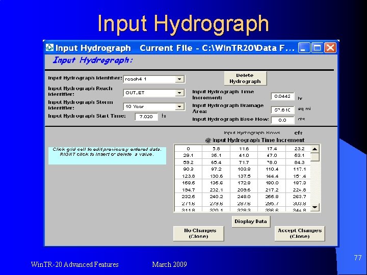 Input Hydrograph Win. TR-20 Advanced Features March 2009 77 