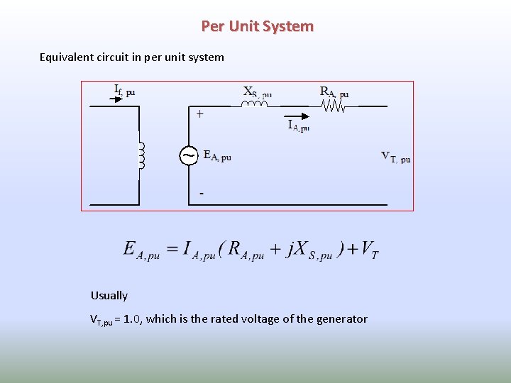 Per Unit System Equivalent circuit in per unit system Usually VT, pu = 1.