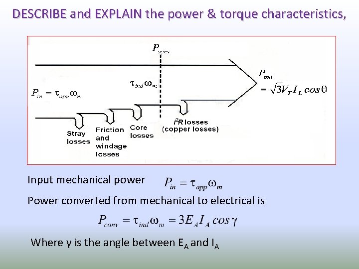 DESCRIBE and EXPLAIN the power & torque characteristics, Input mechanical power Power converted from