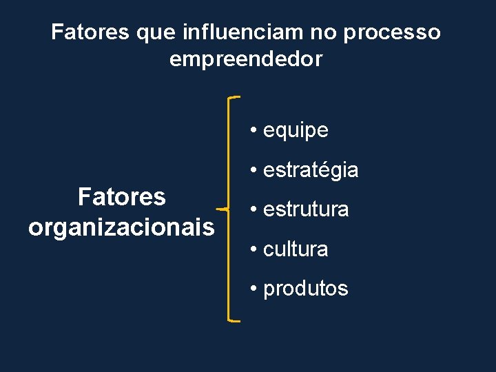 Fatores que influenciam no processo empreendedor • equipe • estratégia Fatores organizacionais • estrutura