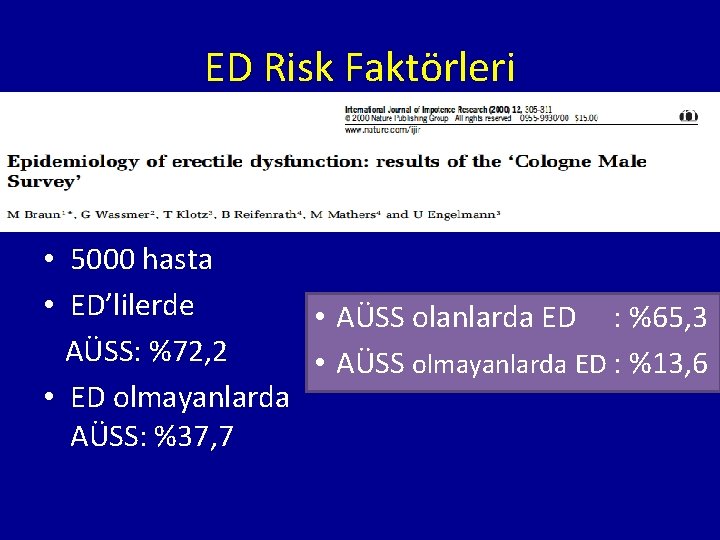 ED Risk Faktörleri • 5000 hasta • ED’lilerde • AÜSS olanlarda ED : %65,